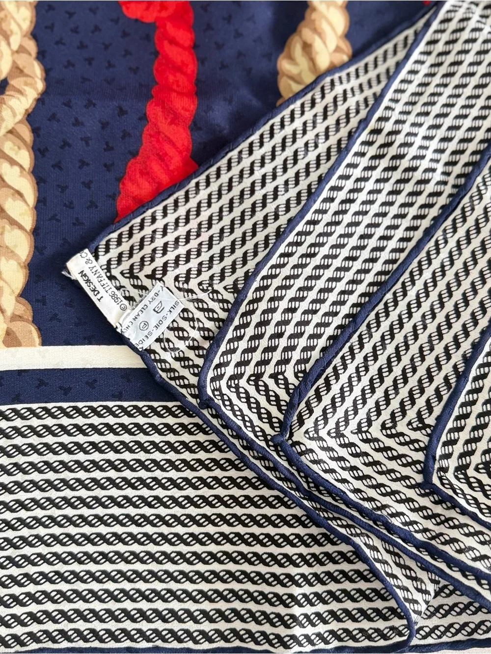Tiffany & Co. Navy, Red & Gold Floral Silk Scarf with Graphic Border